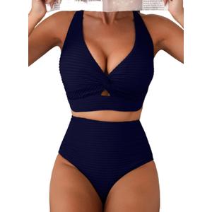 Herseas Women's Textured Bikini Sets Twist Front Top Swimsuits High Waisted Bathing Suits (Large, Navy Blue)