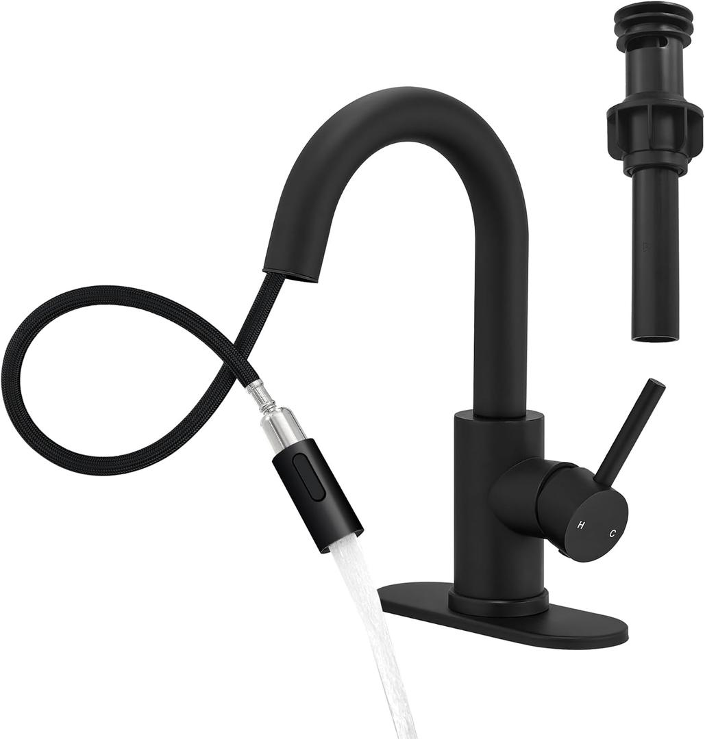 Black Bathroom Sink Faucet with Pull Out Sprayer for Sink 1 Hole,Bar Sink Faucet with Pop-Up Drain,Stainless Steel Single Handle Kitchen Faucet 360Swivel Bathroom Faucets for Two Water Outlet Modes