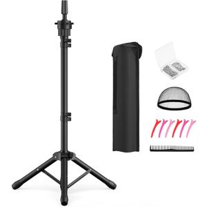 Wig Head Stand 50 Inches, Height Adjustable Tripod Wig Stand, Salon Mannequin Head Stand with Anti-Slip Base for Styling, Wig Display Barber Training, Beauty School (Black)
