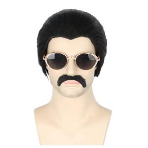 LeMarnia Men's Wigs Black Short Hair and Moustache Disco Wigs for Halloween Costume Wig