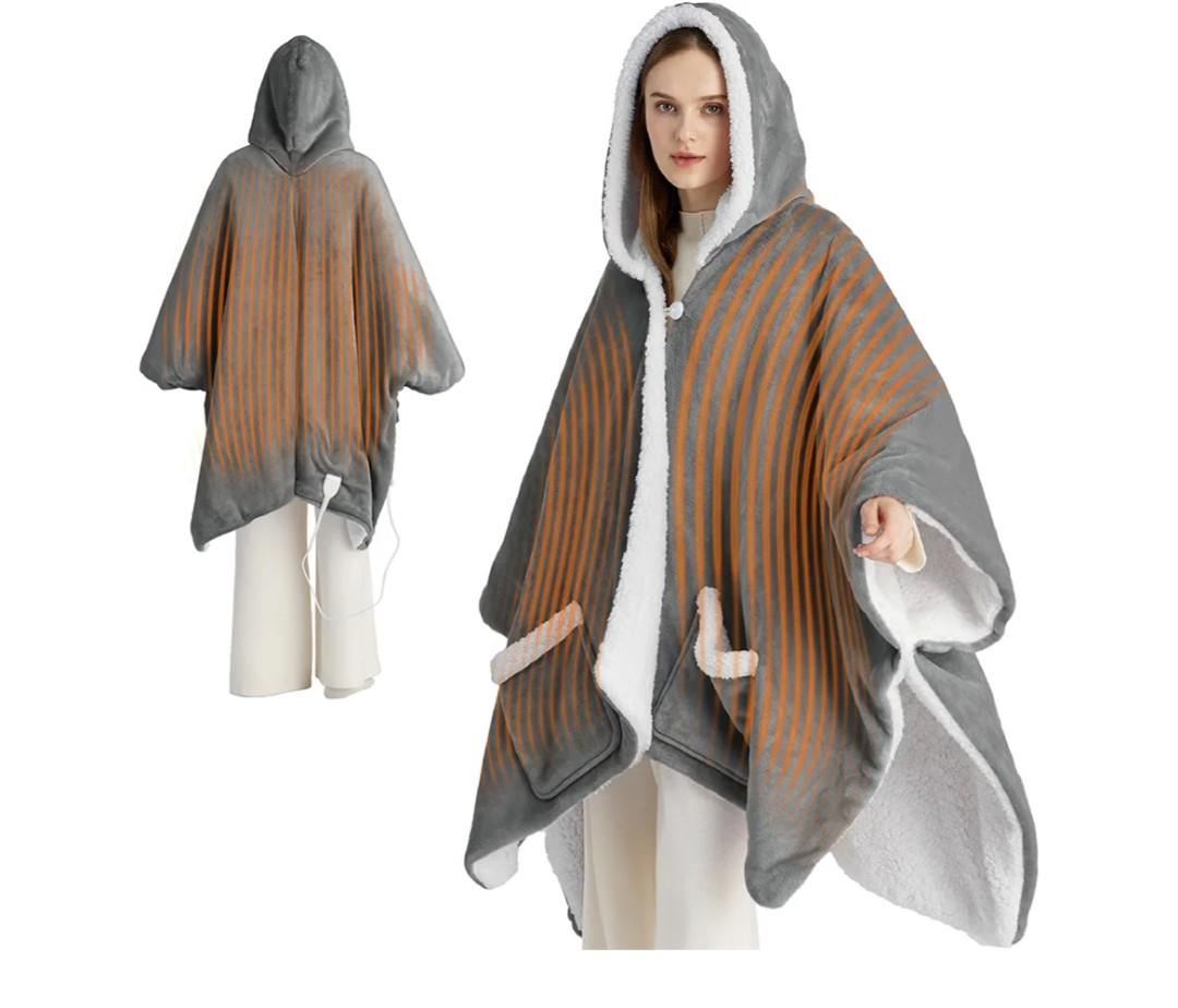 Bedsure Heated Blanket Wearable Shawl - Electric Wrap Poncho Blanket Hoodie for Adult, Birthday Gifts for Mom Women, Sherpa Heating Throw with 4 Time Settings & 6 Heat Settings, 55x64 inches, Grey