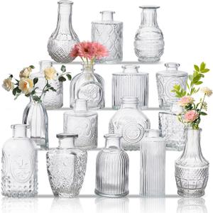 Glass Bud Vase Set of 16, Small Flower Vases, Glass Vases for Centerpieces, Vintage Home Table Decorations Bud Vases (16 Pcs, Clear)