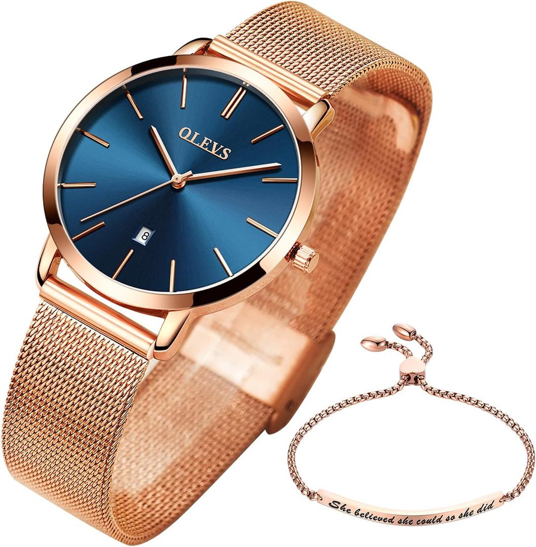 OLEVS Ladies Watches Rose Gold Japanese Quartz Female Watches for Women Waterproof Stainless Steel Casual Dress Lady Wrist Watches (Blue dial - Brand bezel - band)