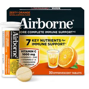 Airborne 1000mg Vitamin C + Zinc Sugar Free Multivitamin Immune Support Effervescent Fizzy Drink Tablets, Zesty Orange Flavor with Powerful Antioxidants Vitamins A C & E, 30 Tablets