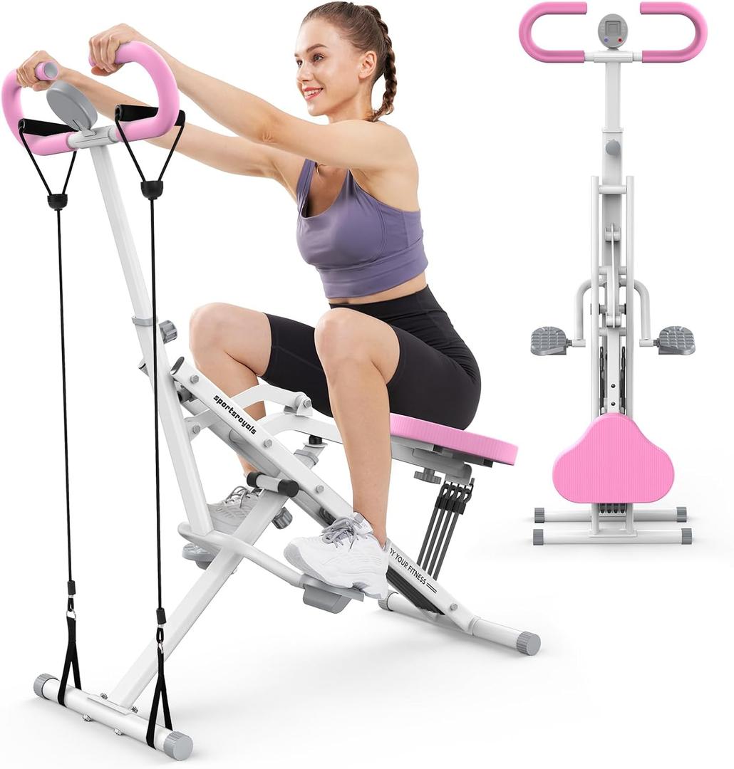 Sportsroyals Pink Squat Machine for Home,Rodeo Core Exercise Machine,330lbs Foldable,Adjustable 4 Resistance Bands,Ride & Rowing Machine for Botty Glutes Butt Thighs,Ab Back/Leg Press Hip Thrust