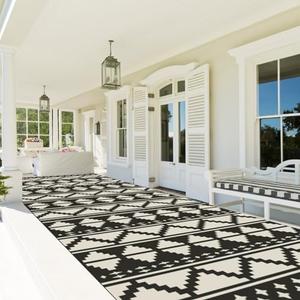 BALGLO RV Rug 9'x18' Outdoor Patio Rug Large Reversible Rug Carpet Waterproof Plastic Straw Mat with Carry Bag, Black& Off-White
