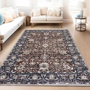 SILOLOOM Area Rug 9x12 Living Room Bedroom Machine Washable Printed Vintage Floral Carpet Non-Slip Low Pile Distressed Boho Rug for Laundry Dining Farmhouse, Brown