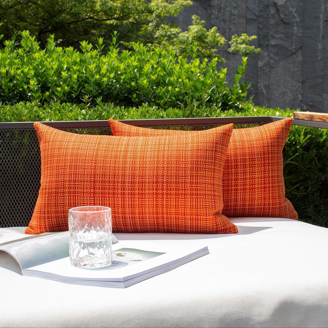 Kevin Textile Outdoor Waterproof Throw Pillow Covers 14x24 Inch Pack of 2 Woven Faux Linen Farmhouse Decorative Water Resistant Lumbar Cushion Covers for Tent Patio Garden Couch Sofa Orange
