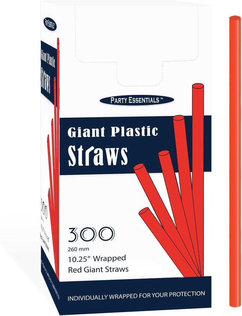Party Essentials Pack of 300 Disposable Individually Wrapped 10.25 Inches Long Giant Plastic Drinking Straws, Red