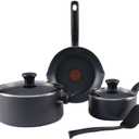 T-fal Initiatives Nonstick Cookware Set 6 Piece Oven Safe 350F Cookware, Pots and Pans, Oven, Broil, Dishwasher Safe Gray (Black)