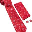 Barry.Wang Christmas Ties for Men Xmas Holiday Neckties Pocket Square Cufflinks Set Party Vacation (Red Snowflake)