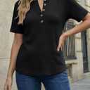 AUTOMET Women's Waffle Knit Henley Tops Short Sleeve Blouses Business Casual T-Shirts for Spring Summer Vacation 2026 (Black, L)