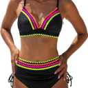 popvil High Waisted Bikini Sets for Women Tummy Control Swimsuits Two Piece Neon V Neck Drawstring Bathing Suits 2026 (Large, Black)