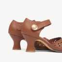 NEWBELLA Womens Mary Janes Vintage Pumps with Adjustable Ankle Strap & Embossed Cutou Design, Comfortable Flared Heels for Casual & Dressy Brown, Size 6.5