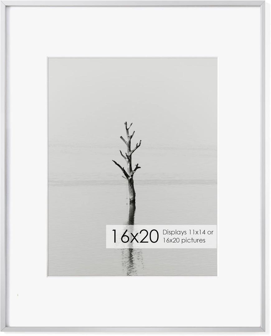 16x20 Metal Picture Frame with 11x14 Mat, Brushed Aluminum Finish, Tempered Glass Front, and Attached Hanging Hardware - Versatile Wall Display Frames for Vertical or Horizontal Orientation(Silver,