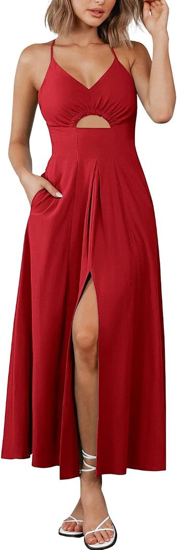 BTFBM Women 2024 Summer Spaghetti Strap Dress Sleeveless V Neck Cutout Slit Casual Beach Party Maxi Dresses with Pockets(Solid Red, Small)