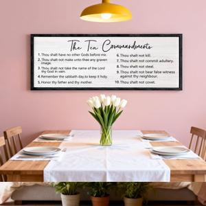 The Ten Commandments Rustic Bible Verse Framed Wall Art, 32X12 Positive Religious Christian Saying Sign for God Jesus Christ Prayer, Vintage Horizontal Holy Inspirational Catholic Scripture Decor