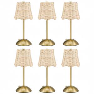 Grinsvalley 6 Pack Woven Table Lamp 12 Inch Portable Cordless Table Lamp Rechargeable Gold Bedside Light with Woven Rattan Shade for Bedroom Living Room Dining