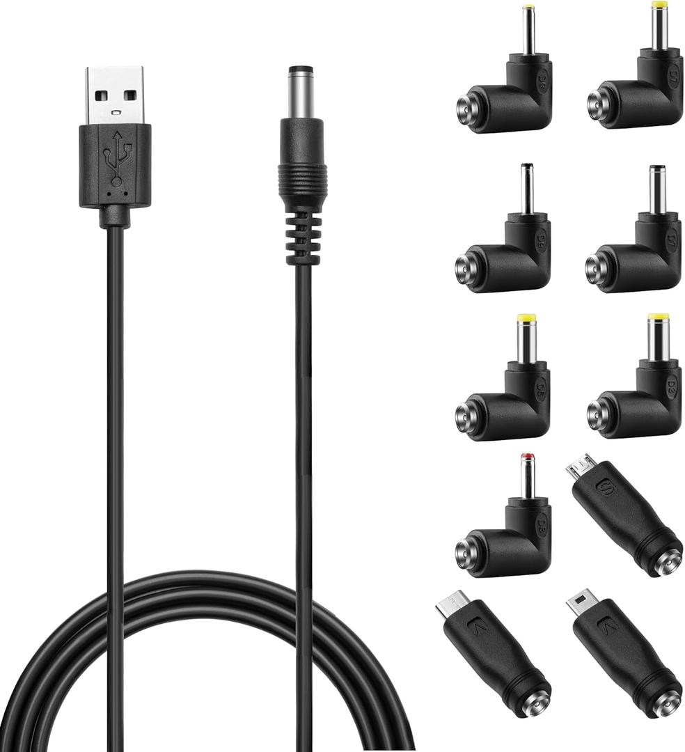 DC 5V Power Cord, USB to DC 5.5x2.1mm Plug Charging Cable with 10 Connector Tips(5.5x2.5, 4.8x1.7, 4.0x1.7, 4.0x1.35, 3.5x1.35, 3.0x1.1, 2.5x0.7, Micro, Type-C, Mini USB)