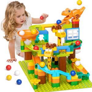 Marble Run for Kids Ages 4-8 145 PCS Dinosaur Giraffe Building Blocks with 10 Marbles Slide Dino Smooth Edges Design Works with Large Brick Toys STEM Track Toys Creative Gift for Boys Girls