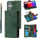 RANYOK Wallet Case Compatible with iPhone 17 Case, with 6 Card Holder RFID Blocking, PU Leather Zipper Flip Wallet Pocket, Kickstand, Wrist Strap | Protective Phone Cover for 17,Black Green