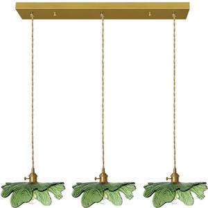 Glass Pendant Lights Kitchen Island Vintage Chandelier Modern Pendant Lighting 3-Light Hand Blown Gold Mid Century Modern Pendant lamp with Green Glass Shade for Dining Room Bedroom