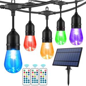 2-Pack 48FT Solar Outdoor RGB String Light, Dimmable Patio String Lights with Shatterproof Edison Bulbs, Remote, Commercial Solar String Lights for Cafe, Patio, Yard, Party