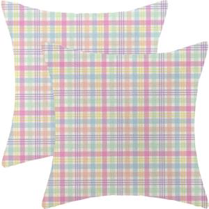 Easter Pillow Covers 18x18 Pack of Colorful Plaid Throw Pillow Covers Outdoor Decoration Spring Decor Pink Green Pillowcase Farmhouse Decorative Linen Cushion Case for Home Couch Sofa