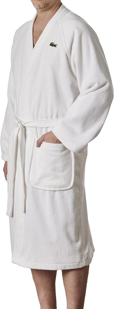Lacoste Classic Pique Bath Robe, 100% Soft Cotton Terry, Unisex Adult Bathrobe, Absorbent & Quick Drying, One Size Fits Most (White)
