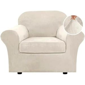 H.VERSAILTEX Rich Velvet Stretch 2 Piece Cover Chair Slipcover Sofa Cover Furniture Protector Couch Soft with Elastic Bottom Chair Couch Cover with Arms Width Up to 49 Inch(Chair, Ivory)