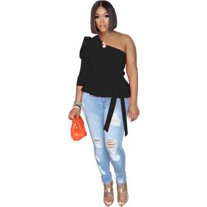 Ekaliy Women Sexy One Shoulder Sleeveless Bodycon High Low Asymmetrical Ruffle Tunics Blouse Shirt Top Dress (3X-Large, 2#black)