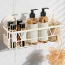 KEGII Shower Caddy Suction Cup with 6 Hooks, Stainless Steel Bathroom Organizer, No Drill Large Capacity Shower Storage with Drain Holes, Cream White