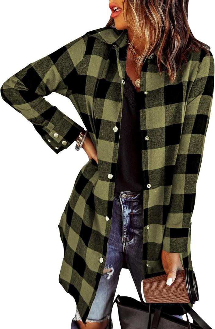 EVALESS Color Block Plaid Shacket Jacket Womens Fall Clothes Fashion Outfits (XX-Large)