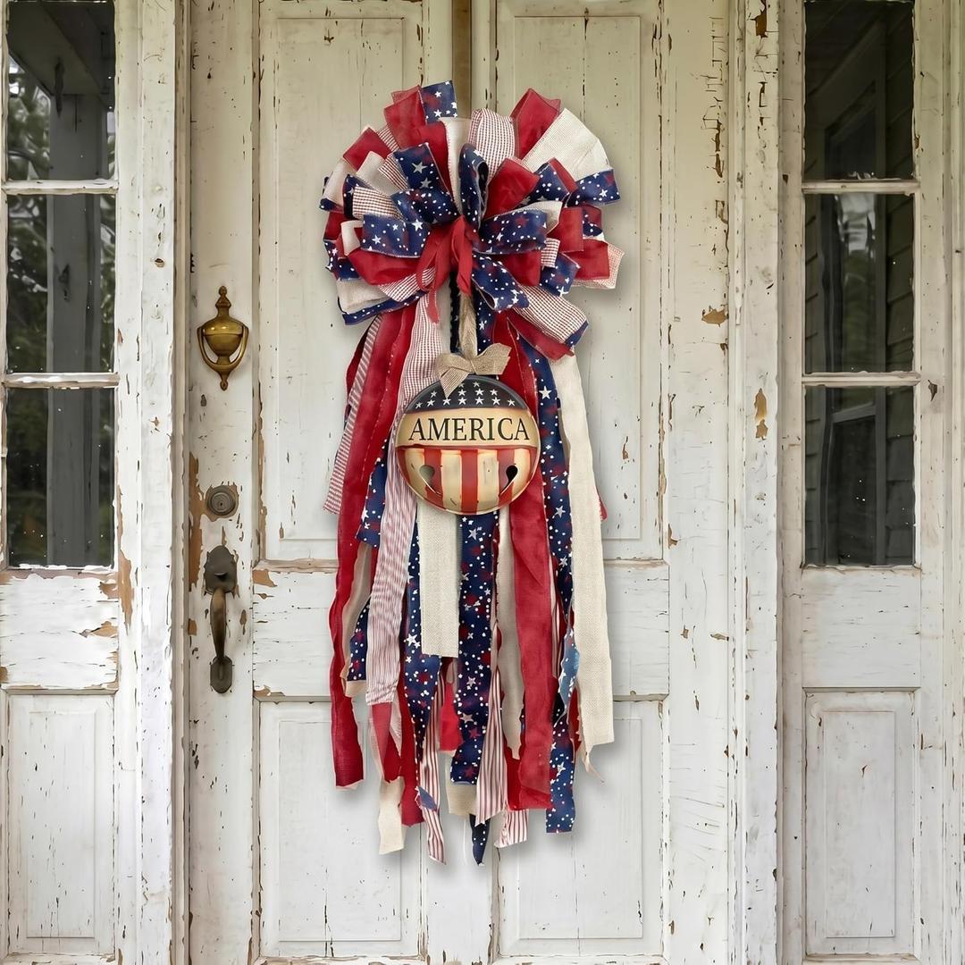 Dingion Patriotic wreath bow 4th of July Swag Wreath with Rustic Bell Red White Blue Star Stripes Tassel Wreaths 4th of July Decorations for Front Door 250 Anniversary Veterans Day Indoor Outdoor Home