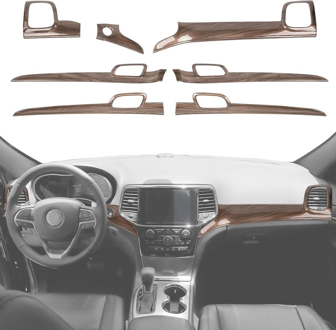 Center Console Dashboard Panel Trim Kit & Interior Door Handle Cover Kits Compatible with Jeep Grand Cherokee 2011-2020, Wood Grain