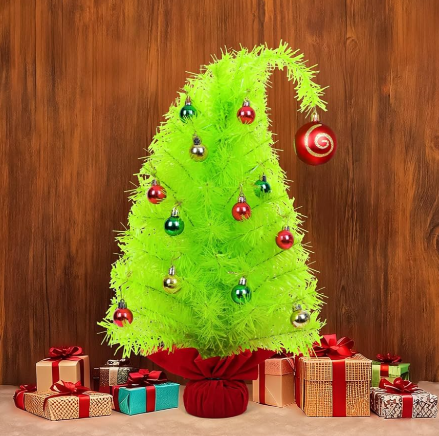 2 FT Small Christmas Tree, Bendable Table Top Christmas Tree with Red Ball and Mini Ornaments, Artificial Whimsical Decor for Home Office Holiday Party