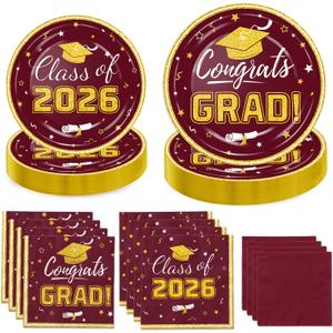 Graduation Party Plates and Napkins 2026 Congrats Grad Disposable Paper Plates Decorative Napkins Cocktail Napkins for Maroon and Gold Graduation Party Decorations, Serve 50