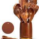 Spardar Wooden Kitchen Utensils, 12 Piece Set Wooden Spoon Set with 9 Teak Wood Cooking Spoons, Spoon Rest, Pot Holde, 3.3 Inch Utensil Holder, as Kitchen Decoration and Housewarming Gift