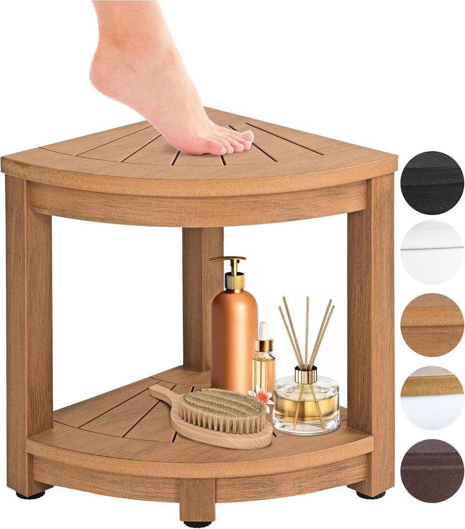 Waterproof Corner Shower Stool - Brown Waterproof Shower Bench for Shaving Legs & to Sit On - Easily Assembled Corner Bench & Shelf - Restroom Organizer (Brown)