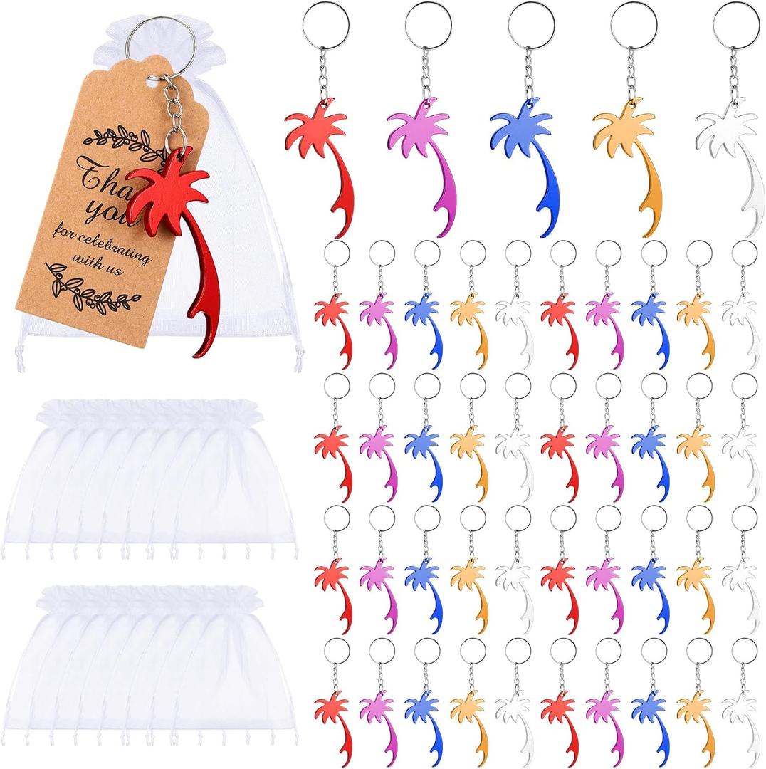 Sureio 50 Pcs Hawaiian Party Favors Including Palm Tree Bottle Opener Keychains Organza Bags Thank You Tags Summer Beach Luau Party Favors for Guests Gifts Baby Shower Decorations