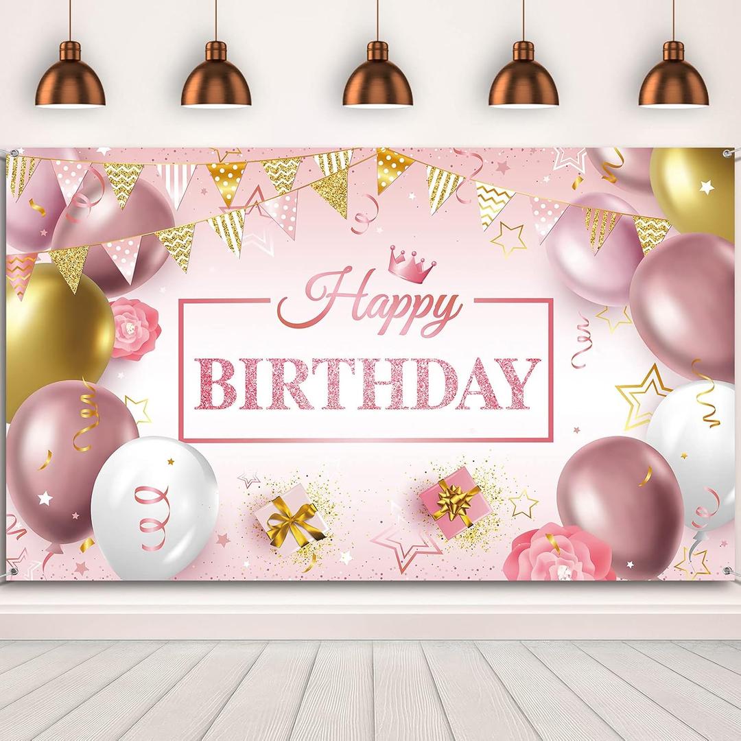 Sumind Happy Birthday Backdrop for Women Pink Birthday Decorations Banner for Girl Glitter Backdrop Sign Baby Shower Photo Booth, 72.8 x 43.3 Inch