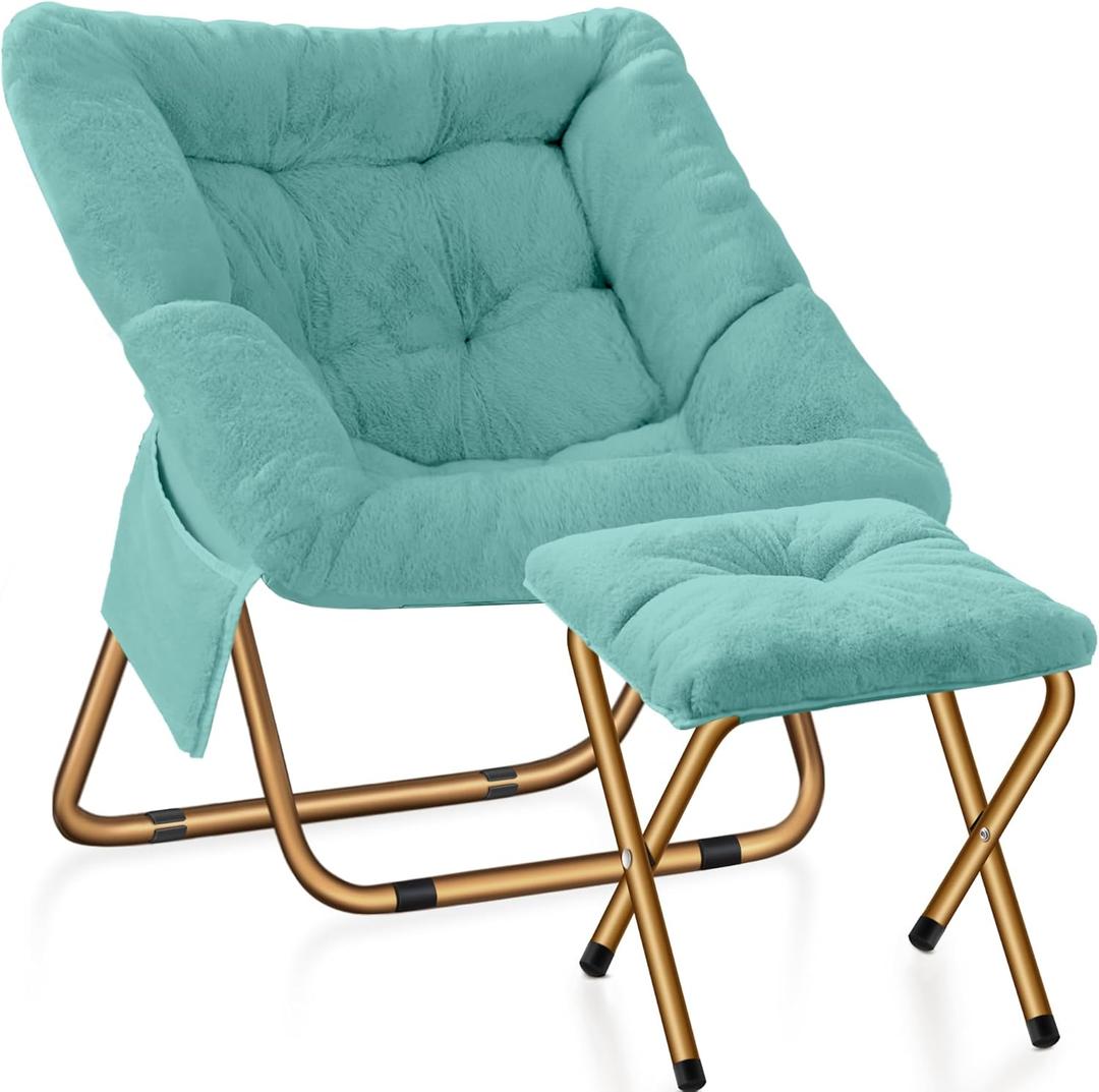 Comfy Saucer Chair, Foldable Living Room Chairs, Soft Faux Fur Lounge Chair for Bedroom, Reading Chairs for Adults, Kids, X-Large (Mint)