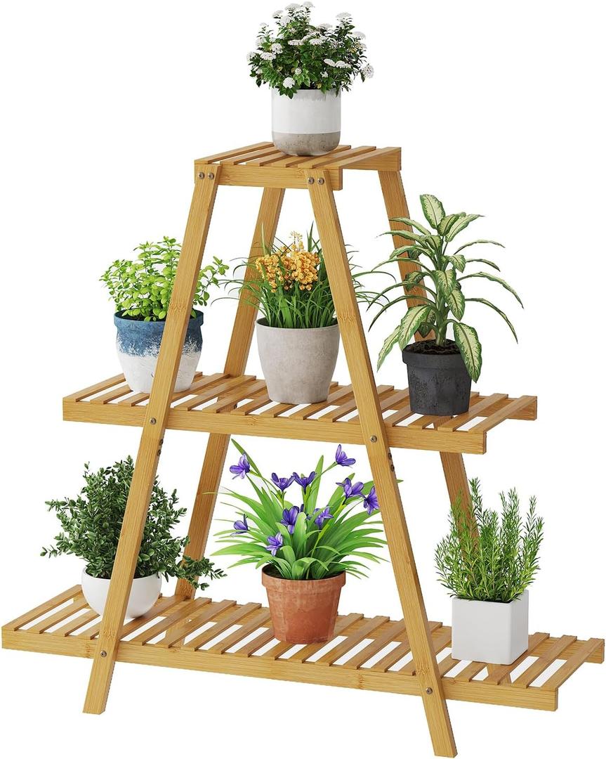 Plant Stand For Indoor Outdoor Tiered Plant Shelf 3 Tier 8 Potted Bamboo Flower Holder Ladder Rack For Multiple Triangle Table Plant Pot Stand (Natural)