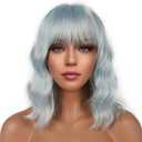 Short Bob Wigs with Bangs for Women Loose Wavy Wig Curly Wavy Shoulder Length Bob Synthetic Cosplay Wig for Girl Colorful Costume Wigs (Ice Blue)
