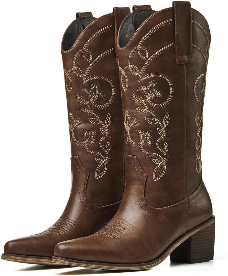 Cowboy Boots for Women Wide Calf - Cowgirl Boots with Pointed Toe and Chunky Heel for All-Day Comfort | Perfect for Country Music Festivals & Daily Wear (US 9)