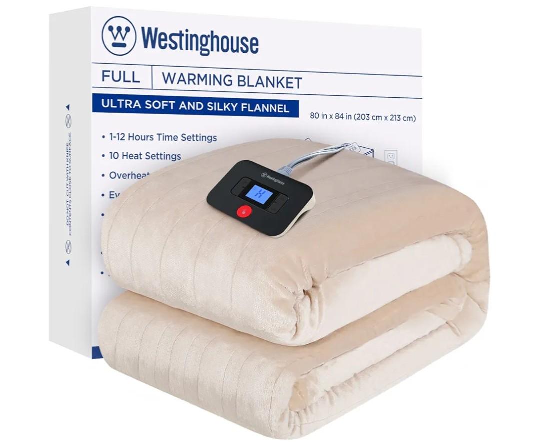 Westinghouse Electric Blanket Full Size, Super Cozy Soft Flannel 80"" x 84"" Heated Blanket with 10 Fast Heating Levels & 1-12 Auto-Off, Machine Washable, ETL&FCC Certification, Beige