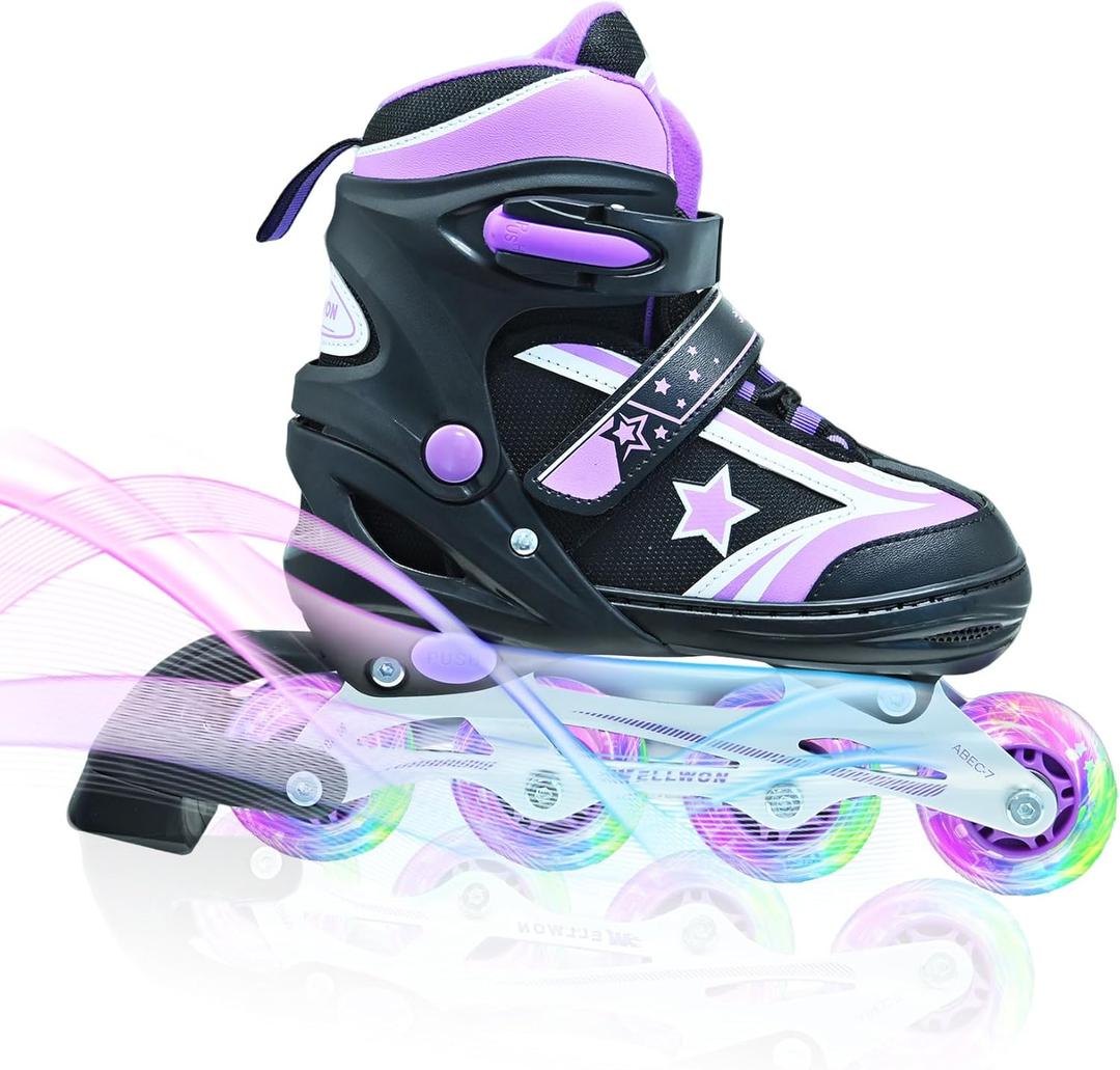 Kids Inline Skates for Boys and Girls Ages 6-12, Adjustable Beginner Skates with Light Up Wheels for Kids Youths Teen (Large(US 5-7.5), Purple)