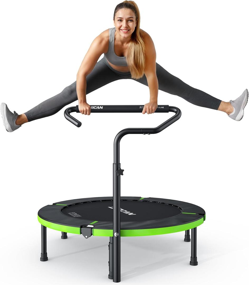BCAN 40"Foldable Mini Trampoline, Rebounder Trampoline for Adults, U/T Shape Adjustable Foam Handle, Exercise Rebounder for Kids Adults Indoor/Garden Workout, Max Load 330lbs/440lbs (40-inch, 40IN-T-Handle-Green)