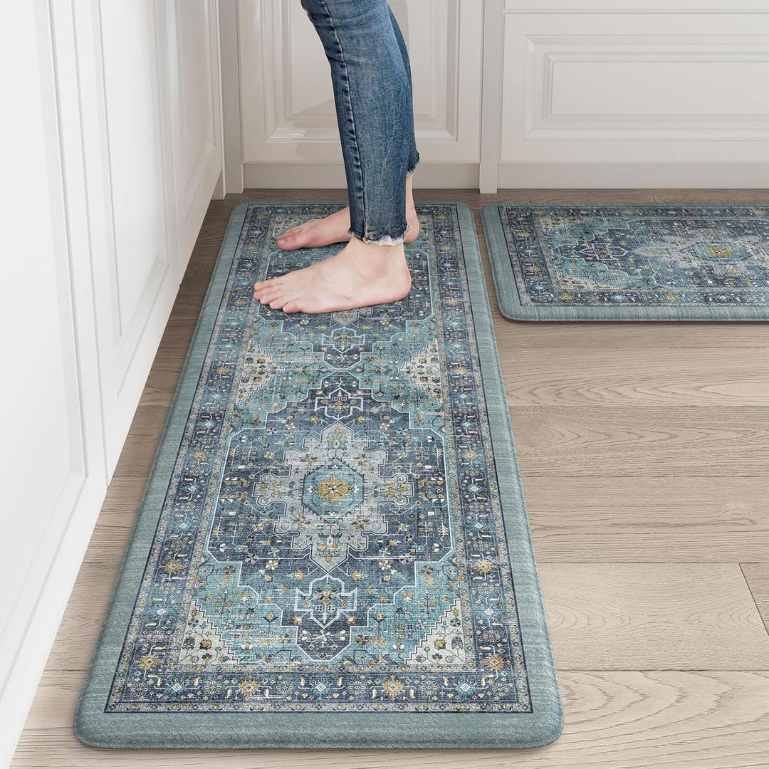 LEEVAN Blue Anti Fatigue Mats for Kitchen Floor 2 Piece,Memory Foam Cushioned Kitchen Mats for Floor,Non Slip Waterproof Ergonomic Boho Standing Mat for Sink,Laundry,Home,Office(17''x29''+17''x47'')