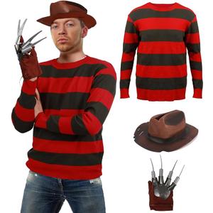 Men Killer Costume Adult Horror Movie Freddy Striped Outfit Accessory Hat Glove Halloween Party Cosplay Props, 2XL